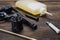 Cleaning an antique revolver on a table