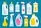 Cleaning bottle supplies. Flat chemical detergent packages illustration set.