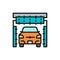 Cleaning brushes in portal carwash flat color line icon.