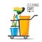 Cleaning Cart Vector. Classic Trolley Cleaning Service Cart. Broom, Bucket, Detergents, Cleaning Tools, Supplies. Yellow