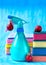 Cleaning before Christmas. Multicolored cleaning supplies