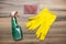 Cleaning concept. Cleaning tools: spray, rubber gloves and sponge.