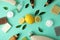 Cleaning concept with eco friendly cleaning tools and lemons on mint background