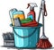 Cleaning equipment, a bucket of water, a mop, detergents, isolated on a white background, vector illustration