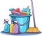 Cleaning equipment, a bucket of water, a mop, detergents, isolated on a white background, vector illustration