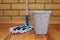 Cleaning equipment. A bucket of water and mop. Wash wood floor concept
