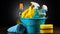 Cleaning Essentials in One Place. Plastic Bottles, Sponges, and Gloves in a Bucket. Generative AI