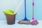 cleaning floor with wet mop and dustpan in room