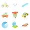 Cleaning fuel icons set, cartoon style