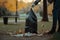 Cleaning garbage in bags in the park. Close-up of a volunteer collecting plastic waste. World cleaning or Earth day, Generative AI