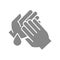 Cleaning hands with disinfectant drop grey icon. Hand disinfection, hygiene symbol