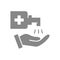 Cleaning hands with disinfectant grey icon. Hygiene, disinfection product symbol