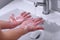 Cleaning hands. Soap in hands for cleaning. Hand hygiene Close u