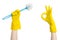 Cleaning the house and cleaning the toilet: human hand holding a blue toilet brush in yellow protective gloves isolated on a white