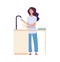 Cleaning kitchen. Woman washing dishes, dirty plate in female hands. Flat housewife, cute girl doing housework vector