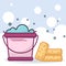 Cleaning and laundry concept. bucket with soap water with bubbles and clean sponges on white and blue bubble background vector ill