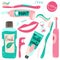 Cleaning mouth tools doodle. Toothbrushes with toothpaste, hand drawn morning hygiene, oral care concept. Vector cartoon isolated