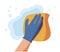 Cleaning napkin in the hands of a houseworker. Wipe with a cloth, yellowmicrofiber, blue gloves. Housekeeping service. Vector