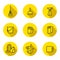 Cleaning outline black and yellow vector circle icons set. Minimalistic design. Part two.