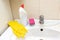 Cleaning products, agents gloves and sponge for washing dirty faucet with limescale, calcified water tap with lime scale on