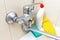 Cleaning products, agents gloves and sponge for washing dirty faucet with limescale, calcified water tap with lime scale on