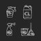 Cleaning products chalk white icons set on black background