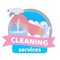 Cleaning service badge with detergent spray in hand cartoon vector illustration. House cleaning services logo or label