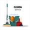 Cleaning service. Colorful set house cleaning tools with bucket, mop, glovers, scoop, toilet plunger isolated on white