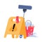 Cleaning service concept. Creative modern web banner - Yellow Caution wet floor sign, plastic red bucket, mop, latex