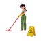 Cleaning service girl, charwoman, cleaner in overalls holding mop, bucket