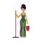 Cleaning service girl, charwoman, cleaner in overalls holding mop, bucket