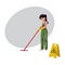 Cleaning service girl, charwoman, cleaner in overalls holding mop, bucket