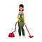 Cleaning service girl, charwoman in overalls standing with vacuum cleaner