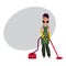 Cleaning service girl, charwoman in overalls standing with vacuum cleaner