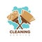 Cleaning service isolated logotype with broom and mop on white