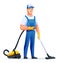 Cleaning service man with vacuum cleaner. Male janitor character