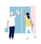 Cleaning service. People washing windows. Man and woman clean house, household vector illustration