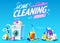 Cleaning service Poster. Home tools Banner. Washing machine, Detergents Cleanser, Water bucket for Mopping, Vacuum