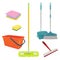 Cleaning service. Realistic equipment for laundry home floor brush bucket broom sterile bathroom cleaner vector set