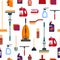 Cleaning service seamless pattern, house cleaning tools on white background. Detergent and disinfectant products