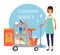 Cleaning service staff, janitor with trolley full of supplies and household equipment tools. Vector icons