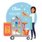 Cleaning service staff, janitor with trolley full of supplies and household equipment tools. Vector icons