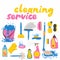 Cleaning service. Supplies set mop and bucket with water, sponge for washing dishes and household chemicals, spray and soap. Hand