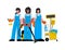 Cleaning service team,three women.Caucasian,african-american charwomen in uniform.Vector illustration.