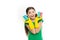 Cleaning with sponge. Cleaning supplies. Girl in rubber gloves for cleaning hold many colorful sponges white background