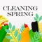 Cleaning Spring Collage With Colourful Detergent Bottles, Sponges And Leaves Illustrations