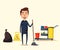 Cleaning staff character with equipment. Cartoon vector illustration.