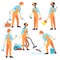 Cleaning staff in different positions. Vector illustration