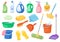 Cleaning supplies. Broom, spray bottle, mop, detergent, bucket, sponge. Household accessories and products for spring