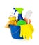 Cleaning supplies in a bucket